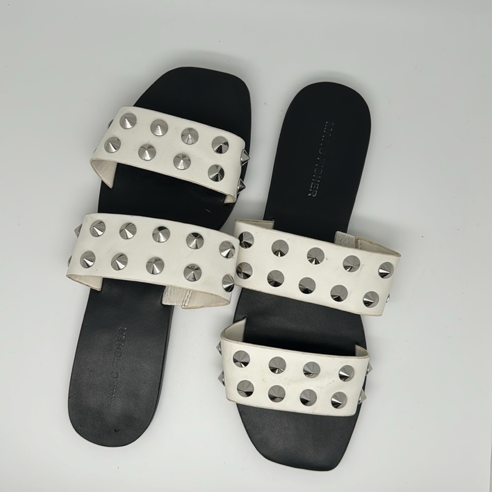 Marc Fisher Bolive White Silver‎ Studded Flat Slip on Sandals Size 8M